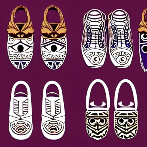 Image similar to sneaker design designed by studio ghibli, aztec mayan street fashion native punk sneaker design, majora's mask, wearing wooden mask, hip hop sneaker design with subtle mayan patterns, gapmoe yandere grimdark, trending on pixiv fanbox, painted by greg rutkowski makoto shinkai takashi takeuchi studio ghibli, akihiko yoshida