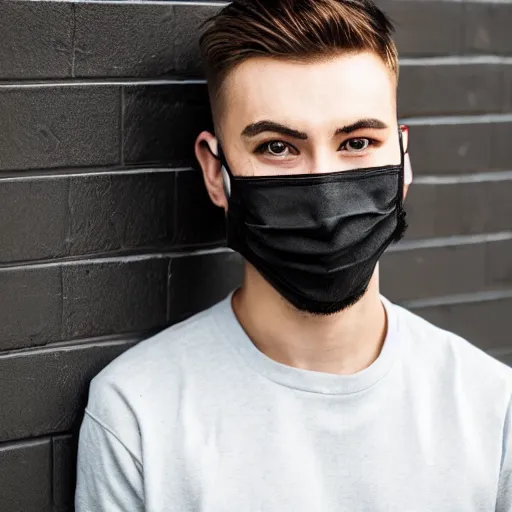 Prompt: professional digital art of a young adult man with short hair wearing a black face mask and a dark sweatshirt leaning against a wall, high quality, HD, 8K, highly detailed, award-winning