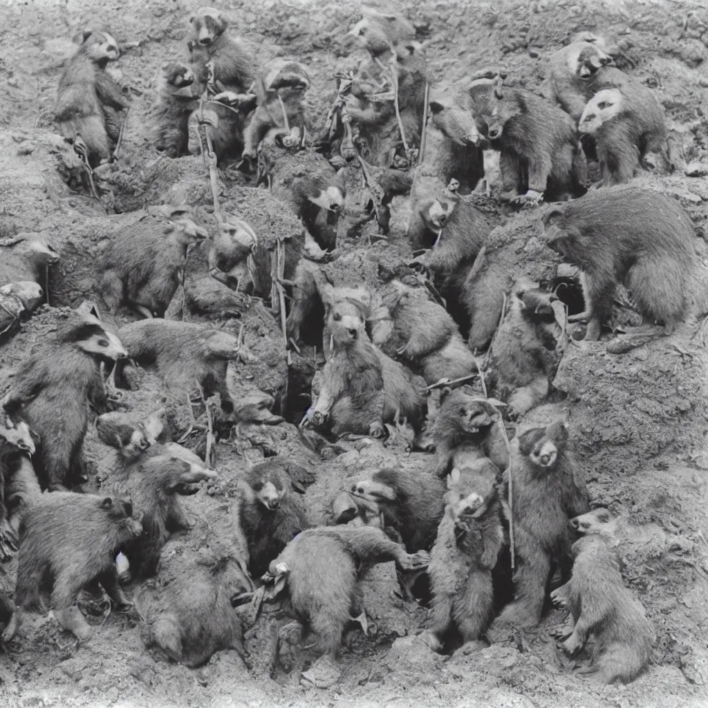 Image similar to a group of badger archaeologists with badger faces, digging at sutton hoo in 1 9 4 0 s suits, standing upright like people, anthropomorphic, style of beatrix potter, their faces are badger's faces, rendered as a highly detailed black & white photograph