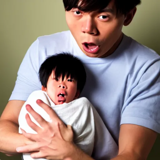 Prompt: a shocked, confused asian man holding his black newborn baby