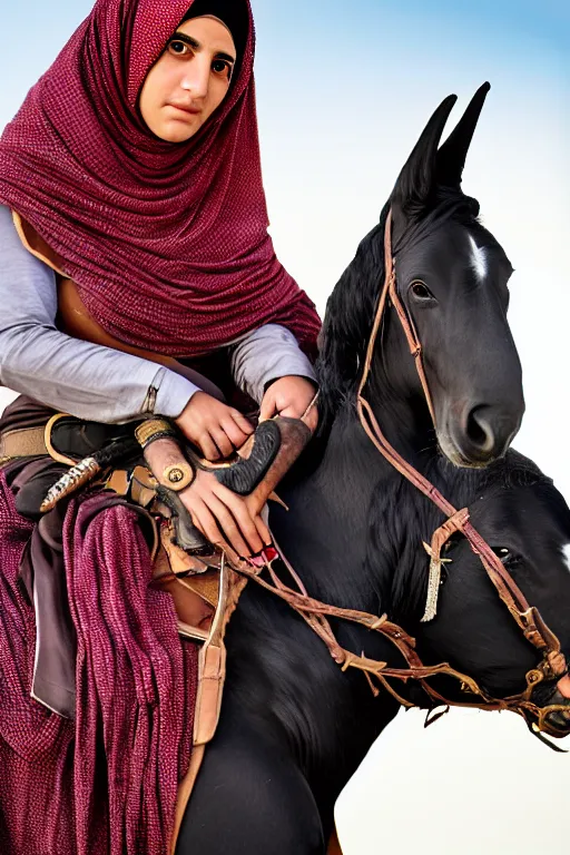 Image similar to hyperrealistic portrait from middle eastern burqa woman riding horse, with riffle in her chest, super highly detail, accurate boroque, without duplication content, white border frame, medium close up shot, justify content center, symmetrical, incrinate, cinematic, dust, award winning photos, vogue, shadow effect, luminate, sharp focus,