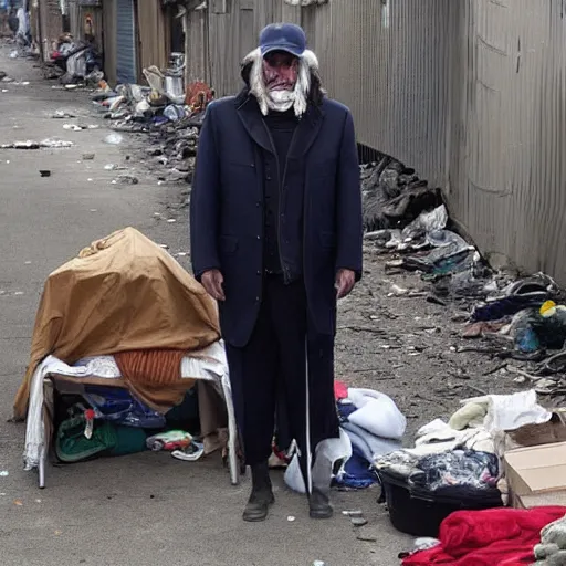 Image similar to donald trump dressed as a homeless man living in the slums