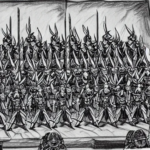 Prompt: pencil illustration. a billion psykers lined up to be sacrificed to the emperor.