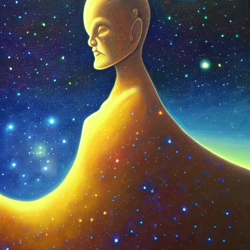 Prompt: small figure looking up at a giant figure, facing the darkness galactic nebular astral realm sacred journey in oil painting, trending on artstation, award winning, emotional, highly detailed surrealist art