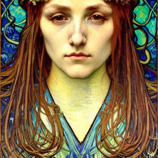 Image similar to detailed realistic beautiful young medieval queen face portrait by jean delville, alphonse mucha, vincent van gogh, and marco mazzoni, art nouveau, symbolist, visionary, gothic, pre - raphaelite