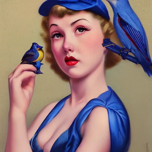 Image similar to portrait of a pinup girl holding an indigo bunting, bird, the bird is wearing a bowtie, by greg rutkowski, rossdraws, gil elvgren, enoch bolles, anime, porcelain skin, very coherent