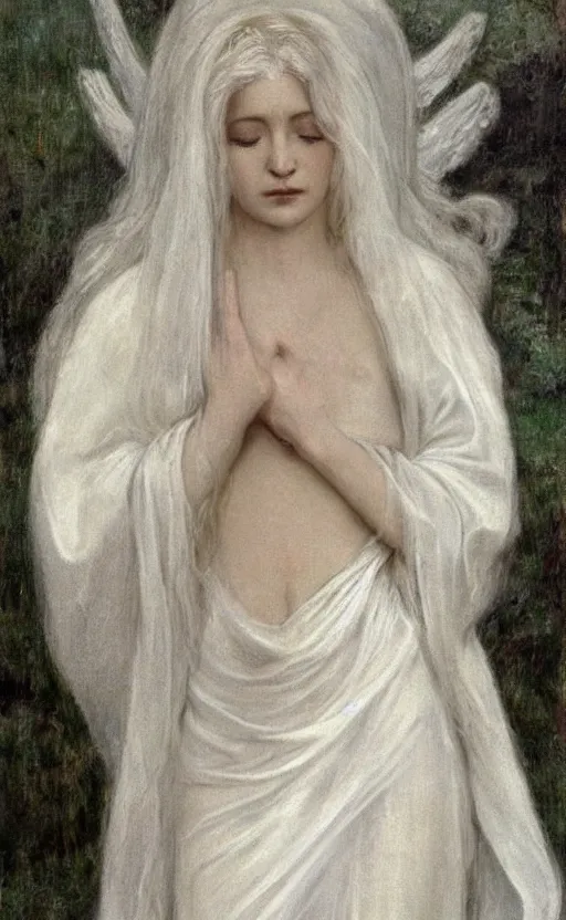 Image similar to say who is this with silver hair so pale and wan! and thin!? female angel, wearing white robes flowing hair, pale fair skin, white dress!! silver hair, covered!!, clothed!! lucien levy - dhurmer, fernand keller, oil on canvas, 1 8 9 6, 4 k resolution, aesthetic!, mystery