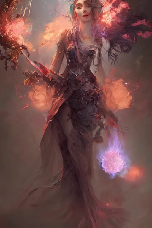 Image similar to beautiful girl necromancer, magical fairy exploding into flowers, angels, 3 d render, hyper - realistic detailed portrait, holding fire and electricity rainbow, ruan jia, wlop. scifi, fantasy, magic the gathering, hyper detailed, octane render, concept art, peter mohrbacher