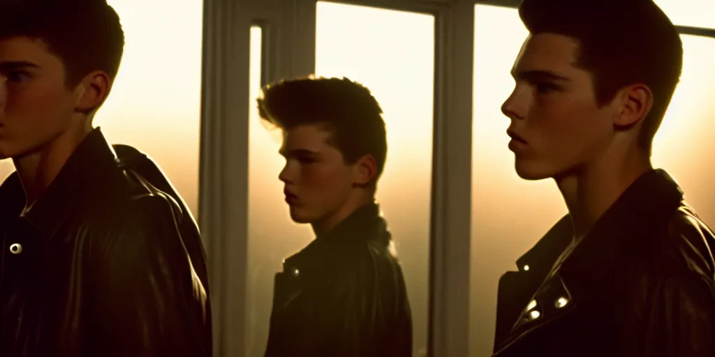 Image similar to the sunset's light beams through a window, tommy 1 8 years old, shoots revolvers with his brother rickey who is a tough 2 6 year old male, leather jackets, action pose, medium close up shot, depth of field, sharp focus, waist up, movie scene, anamorphic, costume art direction style from the movie the outsiders