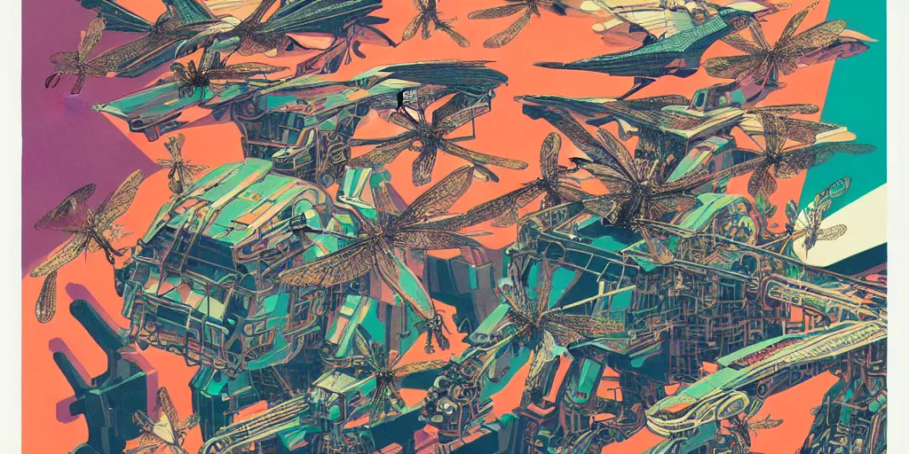 Image similar to risograph rendition, gigantic mecha arzach birds with dragonflies, tiny rats, a lot of exotic animals around, big human faces everywhere, helicopters and tremendous birds, by satoshi kon and moebius, matte colors, surreal psychedelic design, crispy, super - detailed, a lot of tiny details, fullshot