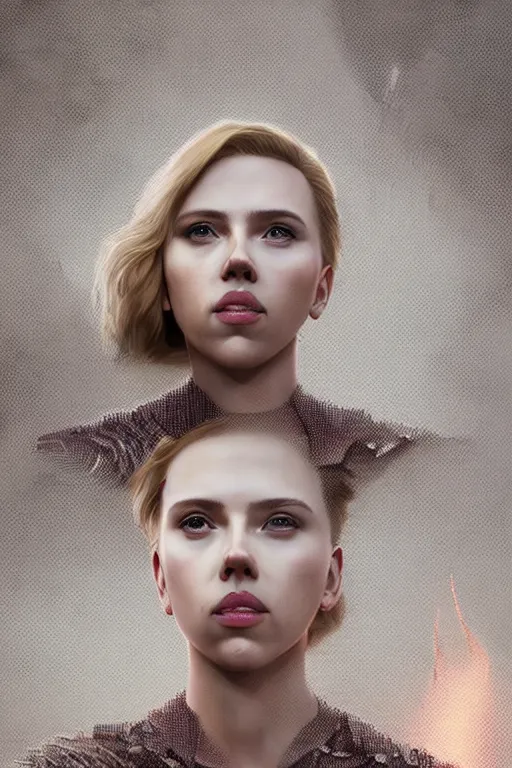 Image similar to a fancy portrait of Scarlett Johansson covered in dragon scales by Greg Rutkowski, Sung Choi, Mitchell Mohrhauser, Maciej Kuciara, Johnson Ting, Maxim Verehin, Peter Konig, final fantasy , mythical, 8k photorealistic, cinematic lighting, HD, high details, atmospheric,