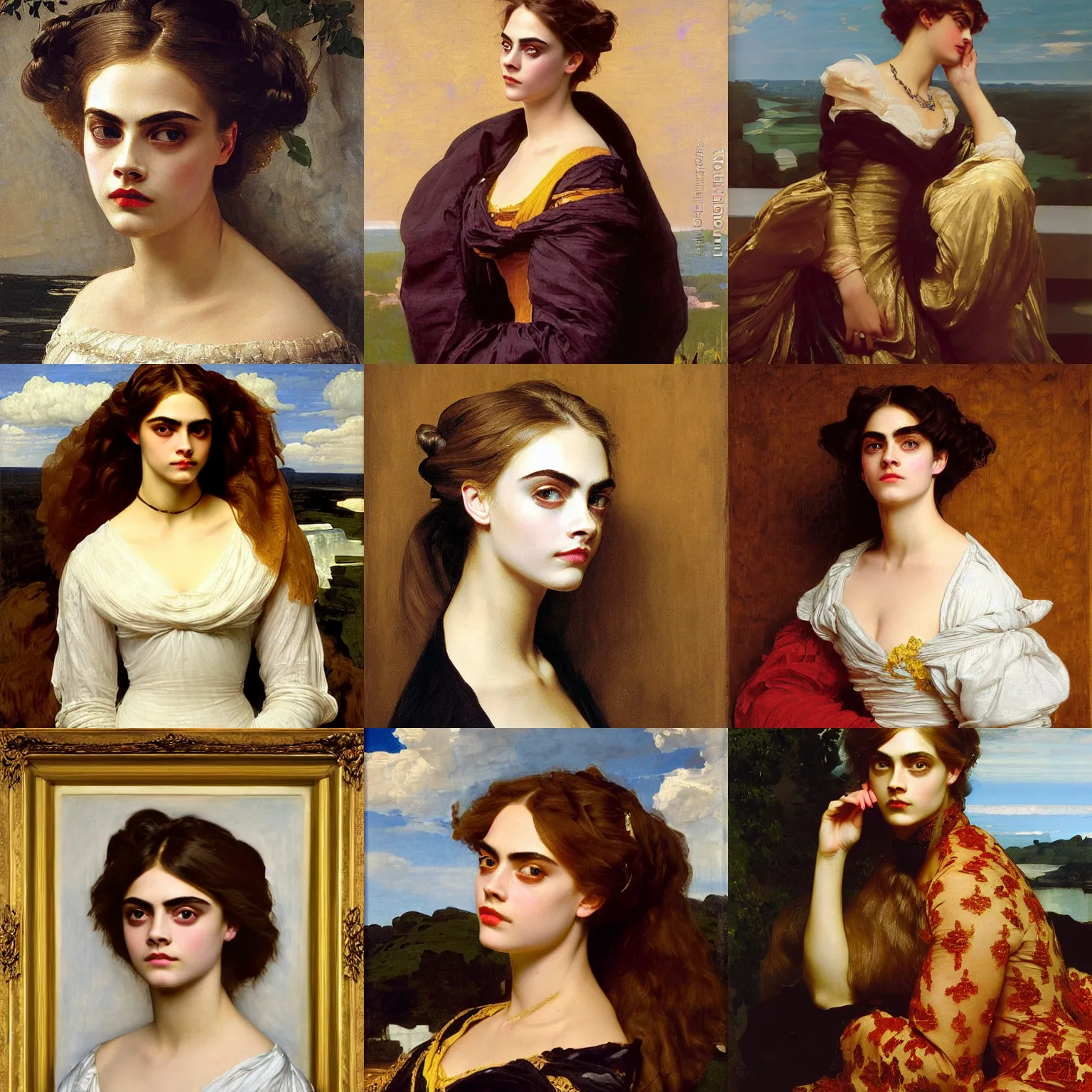 Prompt: portrait painting of cara delevingne by frederic leighton