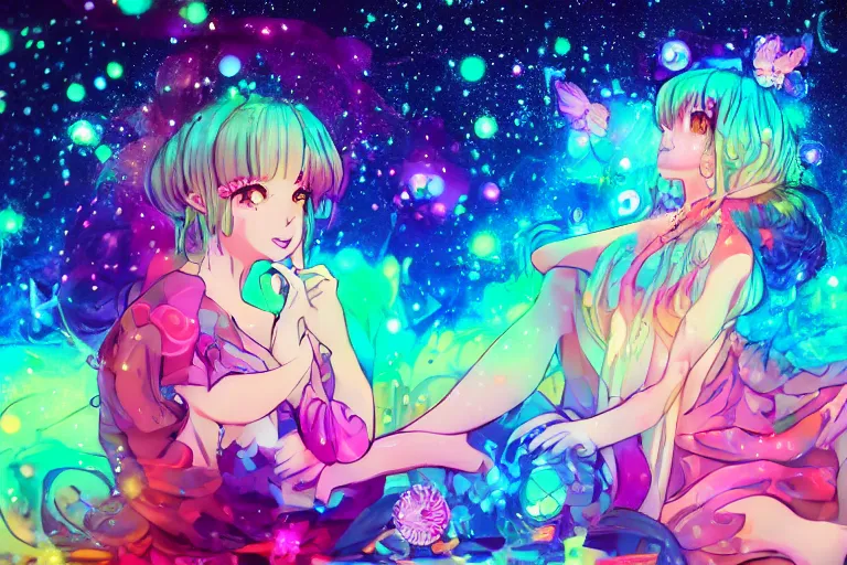 Image similar to psychedelic, full body picture, whimsical, anime, 4k, beautiful lusty woman smoking a bong, with professional makeup, long trippy hair, a crystal and flower dress, sitting in a reflective pool, surrounded by gems, underneath the stars, rainbow fireflies, trending on patreon, deviantart, twitter, artstation, volumetric lighting, heavy contrast, art style of Ross Tran and Miho Hirano and Ilya Kuvshinov