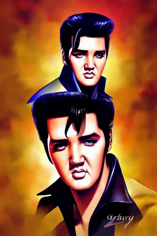 Image similar to elvis presley, manga cover art, detailed color portrait, artstation trending, 8 k, greg rutkowski