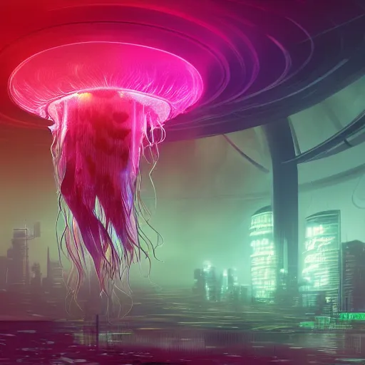 Prompt: hyperdetailed digital illustration of a voluptuous jellyfish, matte illustration and halo with cyberpunk details. seen from the distance. hd matte background