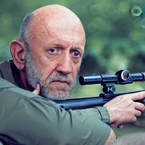 Image similar to Film still of Mike Ehrmantraut aiming with a !!!!!sniper rifle!!!!!, 4k, !!!!highly detailed!!!!