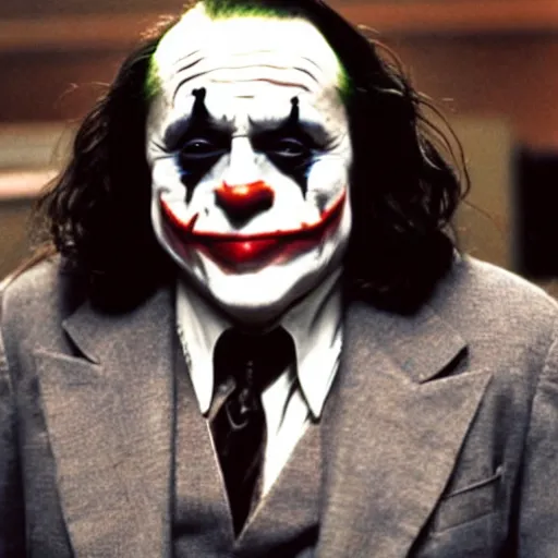 Image similar to Danny Devito as The Joker, still image from Batman movie, shot of face