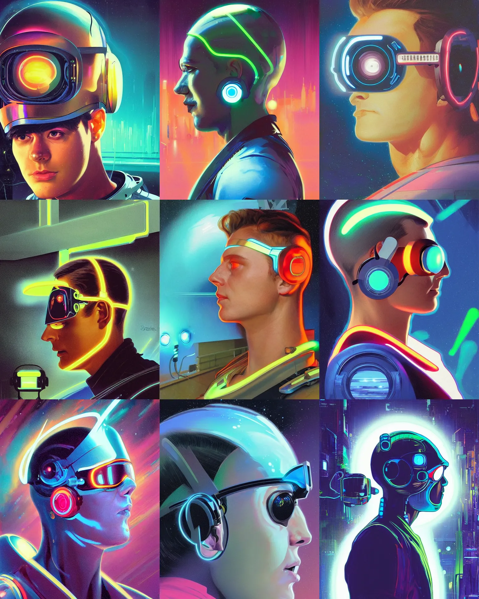 Prompt: side view future coder man, sleek cyclops display over eyes and glowing headset, neon accents, holographic colors, desaturated headshot portrait digital painting by john berkey, tom whalen, alex grey, alphonse mucha, donoto giancola, dean cornwall, rhads, astronaut cyberpunk electric lights profile