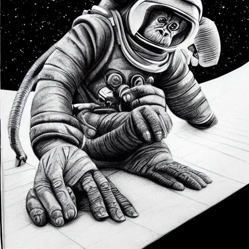 Prompt: pencil art, portait, highly detailed, epic, astronaut chimpanzee holding hands with a friendly human astronaut.