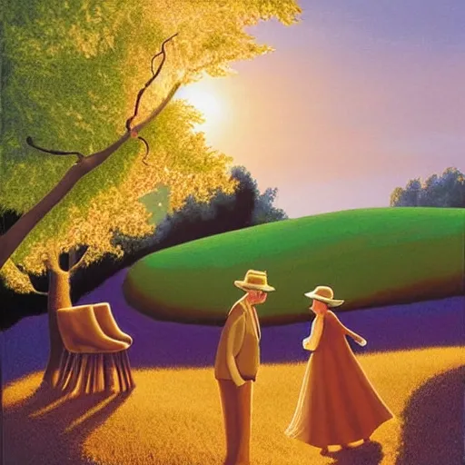 Image similar to Print, the warm, golden light of the sun casts a beautiful glow on the scene, and the gentle breeze ruffles the leaves of the trees. The figures in the print are engaged in a simple activity, the way they are positioned and the expressions on their faces suggest a deep connection. Peace and contentment, idyllic setting. by Debbie Criswell sinister