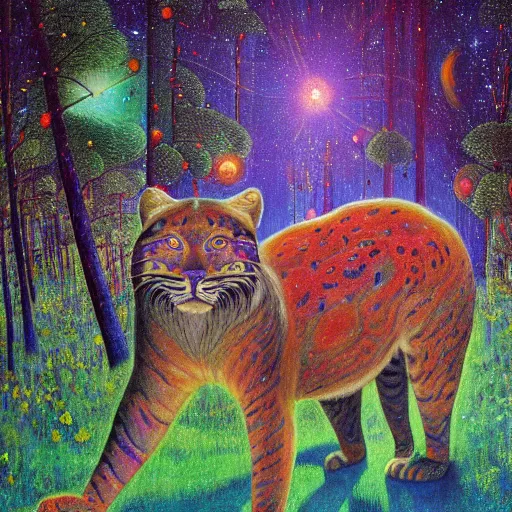 Prompt: psychedelic big cats hidden lush pine forest, outer space, milky way, designed by arnold bocklin, jules bastien - lepage, tarsila do amaral, wayne barlowe and gustave baumann, cheval michael, trending on artstation, star, sharp focus, colorful refracted sparkles and lines, soft light, 8 k 4 k