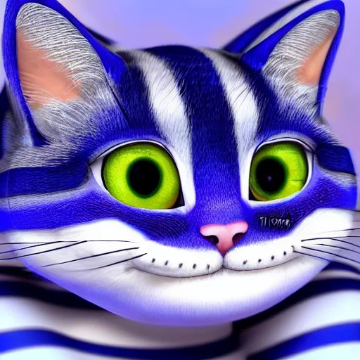 Image similar to cute blue striped cheshire cat. an adorable cat with light blue stripes, blue eyes and a big mischievous smile. stunning digital art by tom cross. fluffy, soft