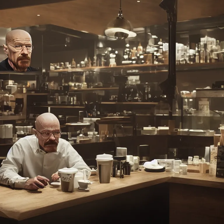 Image similar to Walter white in Starbucks, 8k, hyper-detailed, cinematic lighting, hyperrealistic, HD