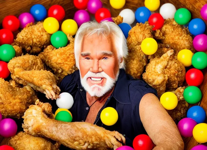 Image similar to photo still of kenny rogers in a ball pit of fried chicken!!!!!!!! at age 4 6 years old 4 6 years of age!!!!!!!! hiding from parents, 8 k, 8 5 mm f 1. 8, studio lighting, rim light, right side key light