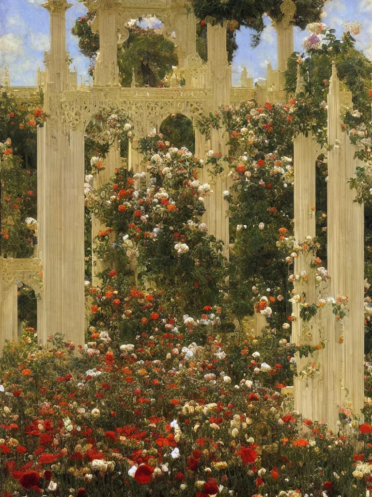 Image similar to the grand temple of flowers, by thomas cooper gotch and frederick arthur bridgman. pre raphaelite, art nouveau, fantasy architecture, symmetry