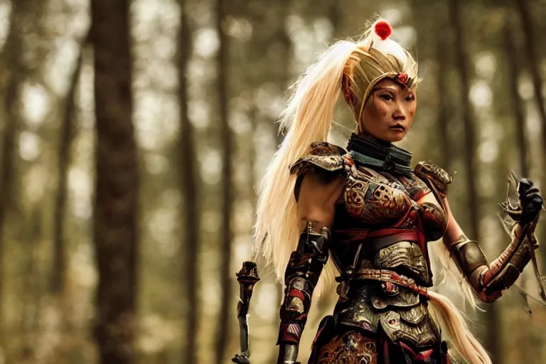 Image similar to vfx movie scene closeup nomad cyborg warrior viking geisha in a smoldering forest. by emmanuel lubezki