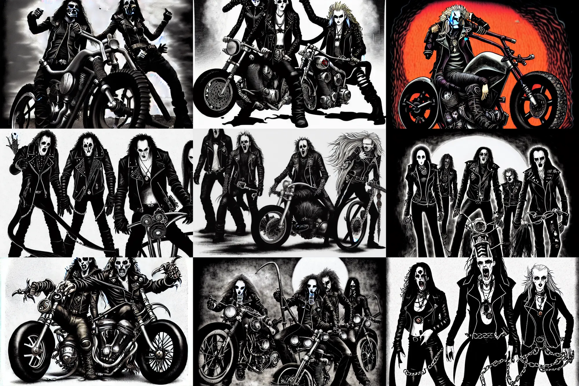 Prompt: photographic version of : biker vampires, gangrel, circle of the crone, illustration from a world of darkness vampire : the requiem source book ( by white wolf )