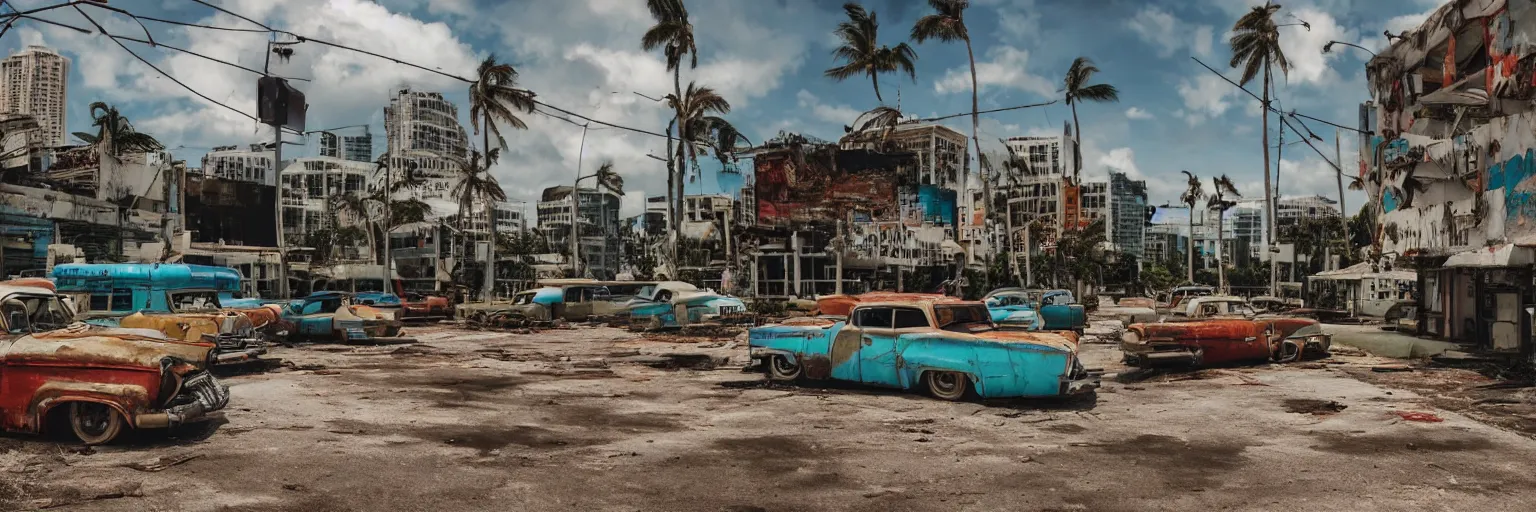 Prompt: low wide angle shot of dilapidated fallout 5 miami, tropical coastal cityscape, desolate, dilapidated neon signs, few rusted retro futuristic vintage parked vehicles like cars, buses, trucks, trams, sunny weather, few clouds, volumetric lighting, photorealistic, daytime, spring, sharp focus, ultra detailed, 4 0 0 0 k