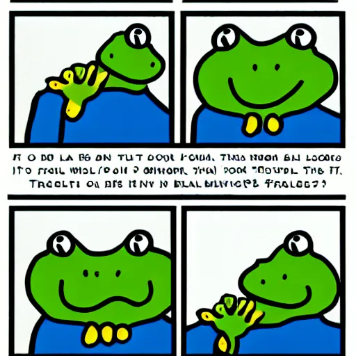 Image similar to a four panel comic about a talkative frog