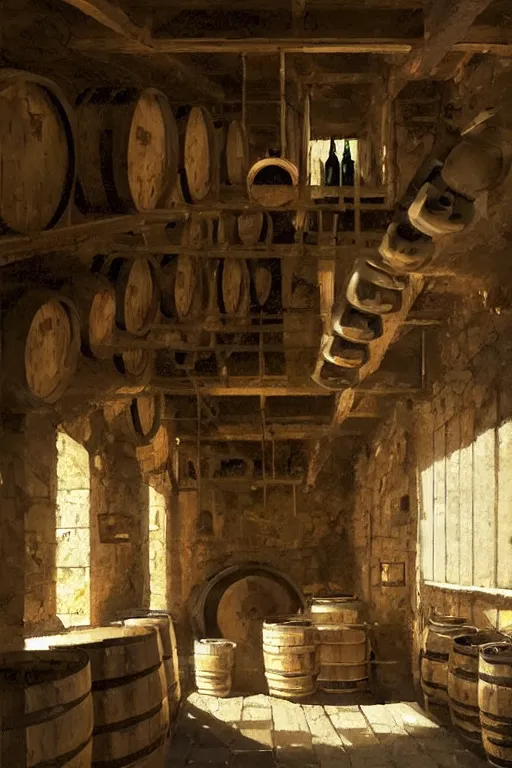 Image similar to an old small medieval tavern stockroom with rows of barrels and wine racks, a single small rectangular window allows sun into the room, by greg rutkowski, artgerm, craig mullins, alan lee