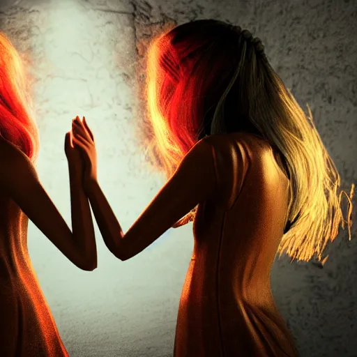 Image similar to devil woman and angel woman holding hands, hyper realistic, volumetric lighting, photo realistic