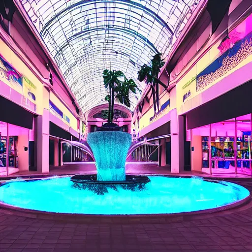 Prompt: vaporwave mall with palm trees and a fountain and tall glass ceilings at night
