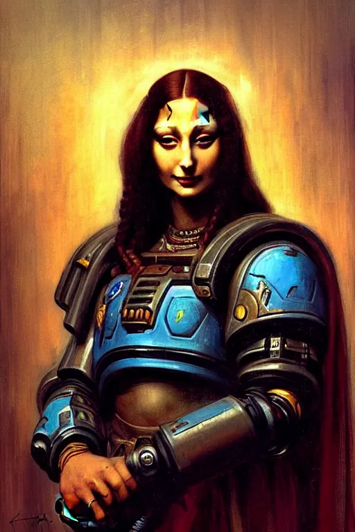 Image similar to character portrait cyberpunk starcraft terran warhammer 4 0 k space marine tech priest warrior ( ( ( ( ( ( ( ( totally definitely not negative no not mona lisa inspired ) ) ) ) ) ) ), character design, painting by gaston bussiere, katsuya terada, frank frazetta, tom of finland, trending on artstation