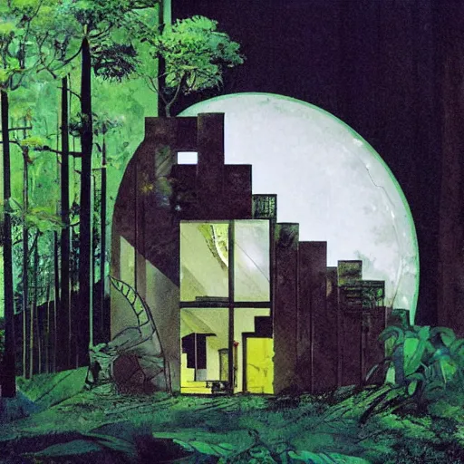 Image similar to A solar lush House in the woods, by Dave McKean and Studio Ghibli