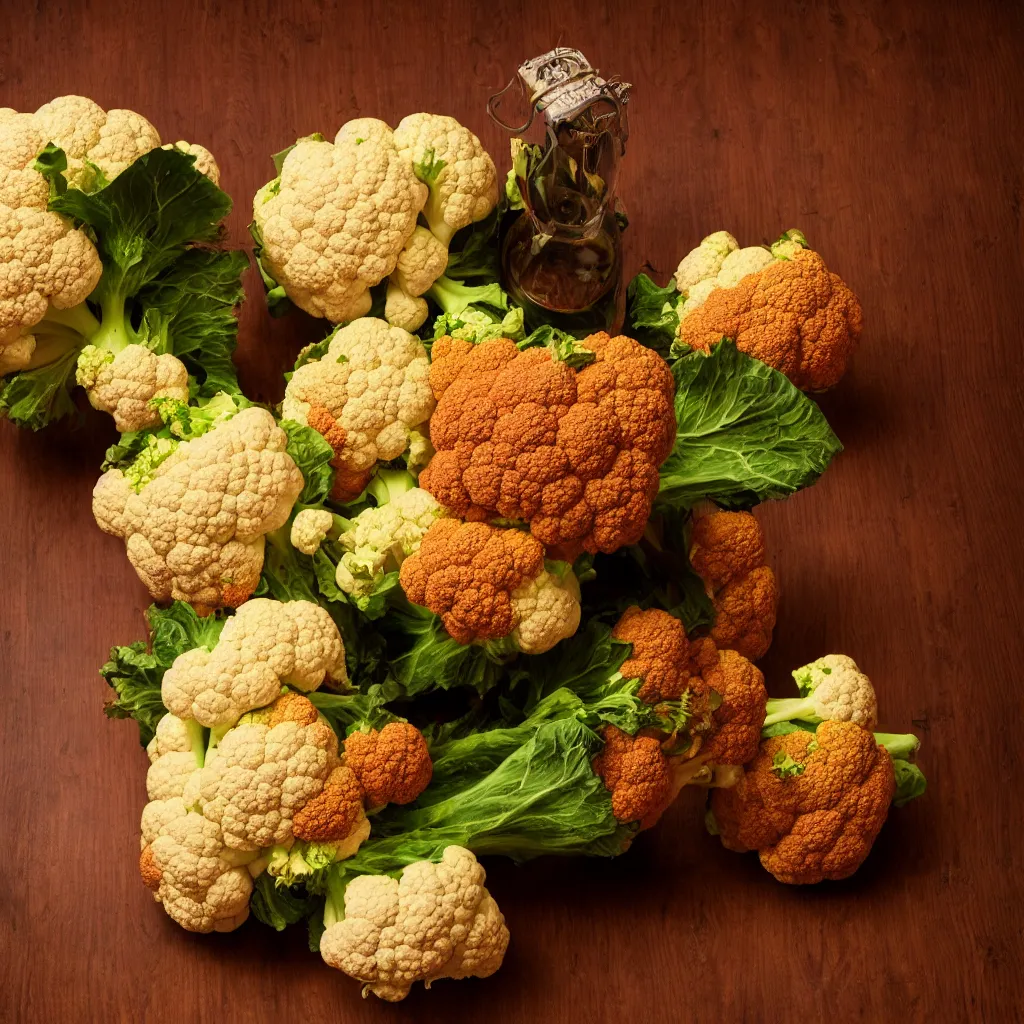 Prompt: large and thick glass bottle on a vivid dark wood table, containing a redish cauliflower, precise, closeup photography. super detailed. masterpiece