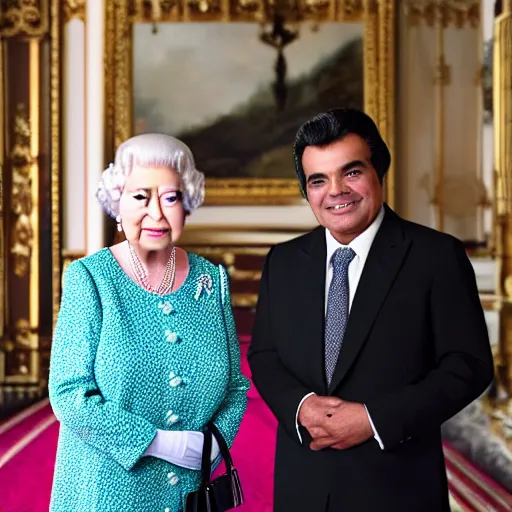 Prompt: Queen Elizabeth II meets Juan Gabriel, professional photography, 8k, highly detailed, 30mm