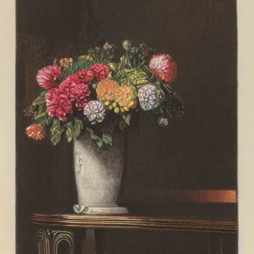 Prompt: Flower bouquet at table in the dinner room, soft light, Gustave Dore colored lithography.