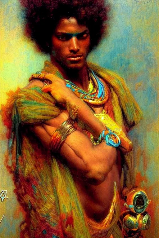 Image similar to attractive male, character design, colorful, afrofuturism, painting by gaston bussiere