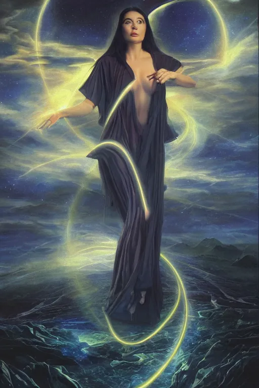 Image similar to gorgeous psychic woman, opening third eye chakra, dark theme night time, expanding electric energy waves into the ethereal realm, epic surrealism 8k oil painting, portrait, perspective, high definition, post modernist layering, by Sophie Anderson, Gerald Brom