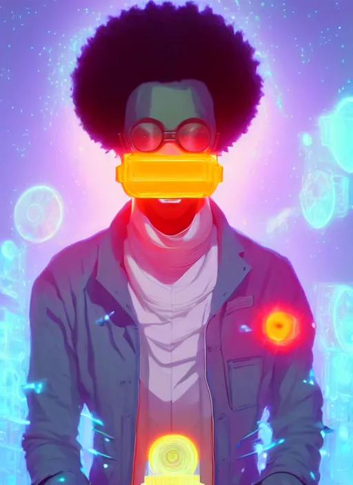 Prompt: afro - futurist scientist ( male, masculine ) in a lab studying holographic schematics + medium length shot | hyperrealistic digital painting by makoto shinkai, ilya kuvshinov, lois van baarle, rossdraws | afrofuturism, in the style of hearthstone, trending on artstation | orange palette and complimentary colors