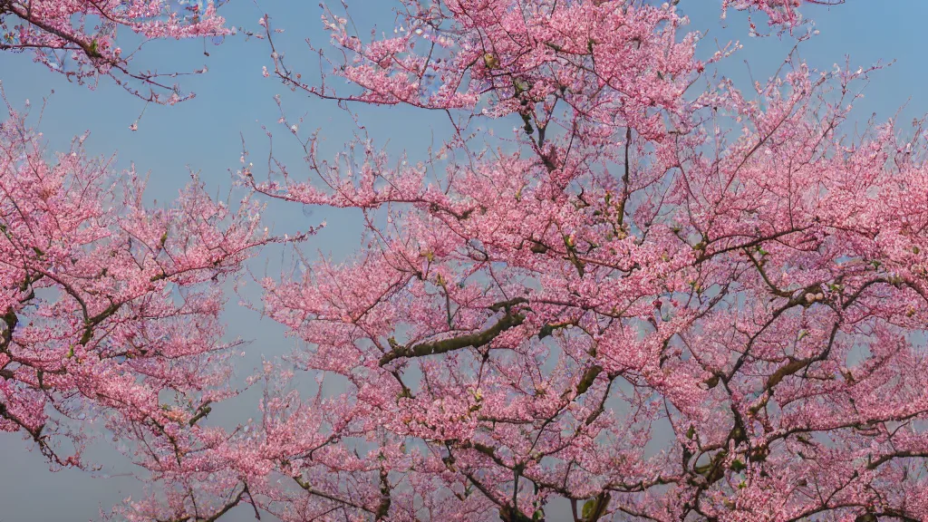 Image similar to a watercolor of Peach blossoms bloom along the Shanghai skyline, The soft pinks and greens of the flowers are offset by the blue of the sky and the gray of the cityscape. HD, Octane render 8K,