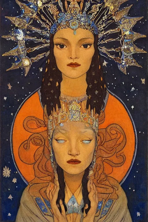 Image similar to queen of the moon with stars in her hair by Nicholas Roerich and Annie Swynnerton and Diego Rivera and jean delville and Carl Larsson, dramatic cinematic lighting , dark skin, silver jewelry, ornate headdress, flowing robes, sacred artifacts, lost civilizations, smooth, sharp focus, extremely detailed