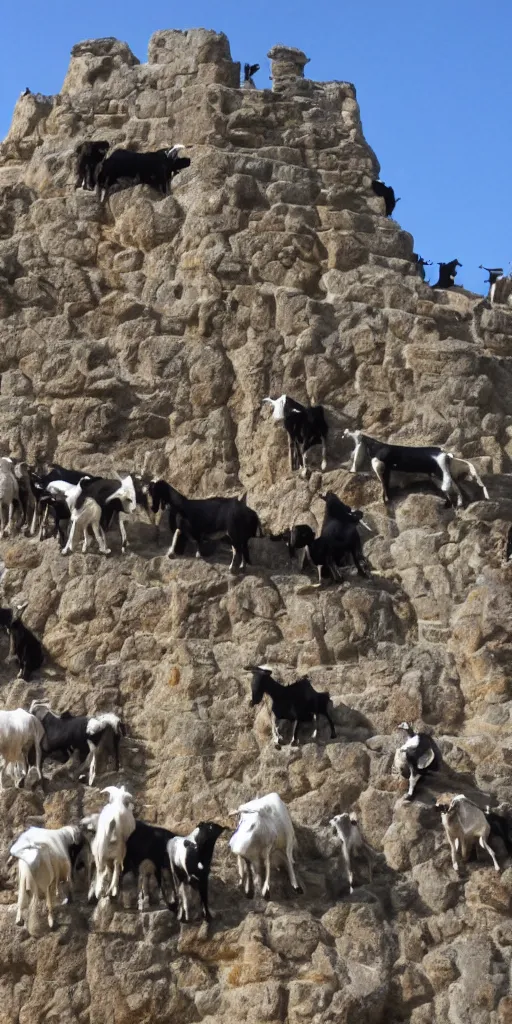 Image similar to a herd of goats climbing a tall citadel with tall towers and long stairs, beautiful, highly detailed