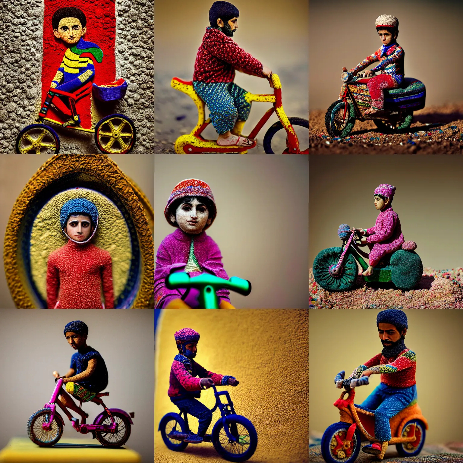 Image similar to portrait of a carpeted figurine of Iranian child on a bike, colourful, detailed, depth of field, intricate, delicate, by Jonas Jensen, Magnum photos