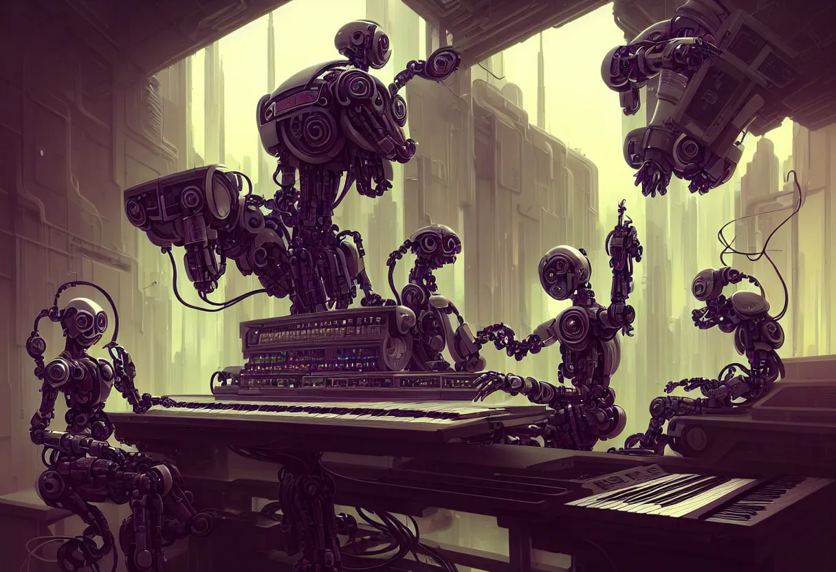 Prompt: beautiful render, funny synthesizer robot playing keyboards, ONE ROBOT, symmetry, cyberpunk, sci-fi, fantasy, intricate, elegant, highly detailed, digital painting, artstation, concept art, smooth, sharp focus, octane render, dramatic lighting, art by artgerm and greg rutkowski and alphonse mucha and wlop