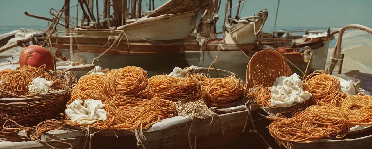 Image similar to 1 7 th century ocean trade of, spaghetti in baskets, canon 5 0 mm, kodachrome, in the style of wes anderson, retro